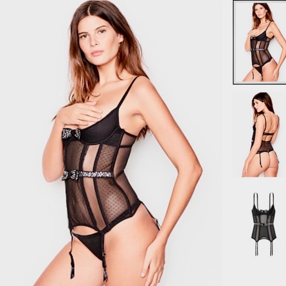 XL  Vs Victoria’s Secret embellished Black Bow Lace Corset Bustier